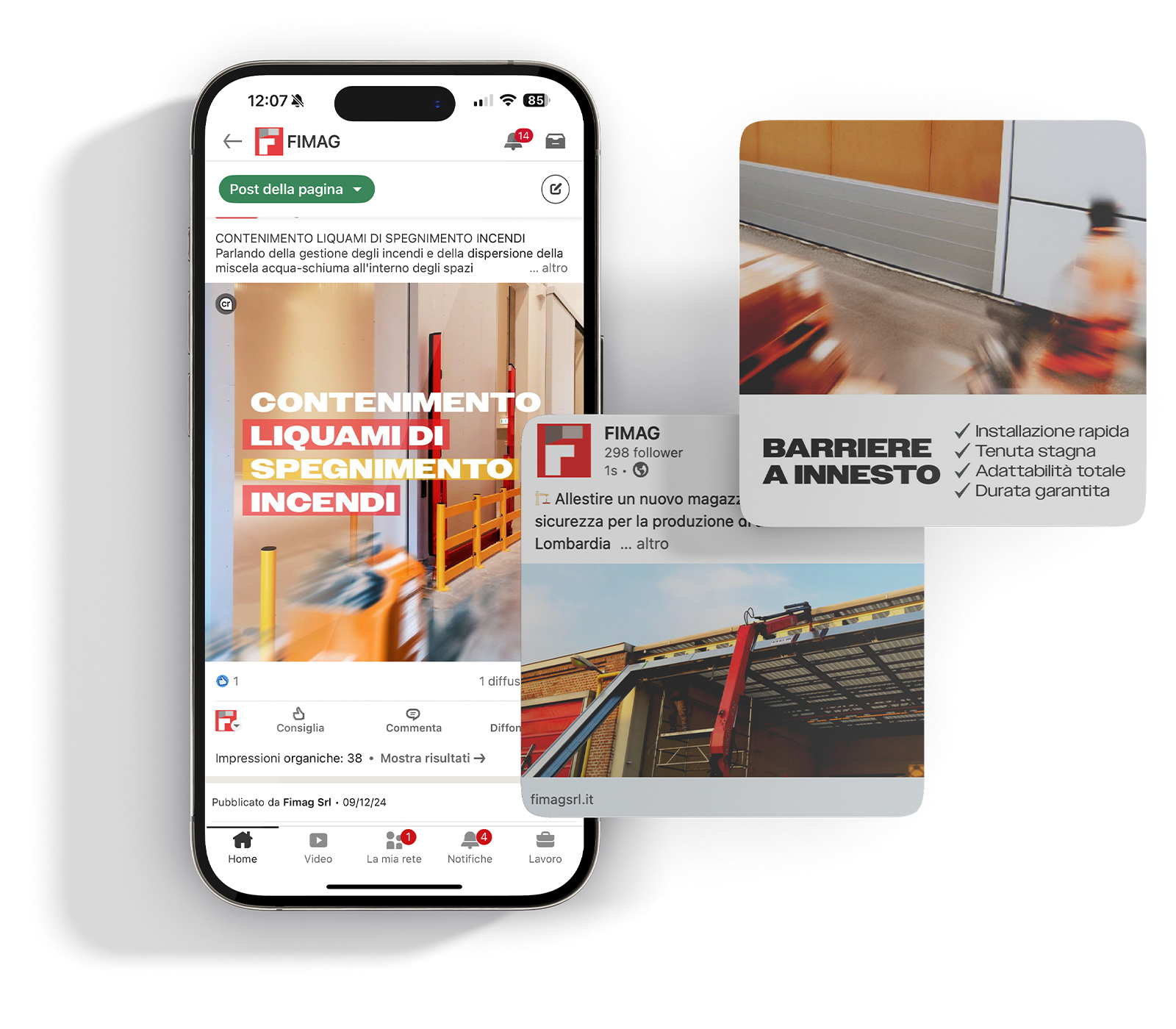 Interfaccia LinkedIn con post progettati per FIMAG, con visual branding coerente e contenuti tecnici