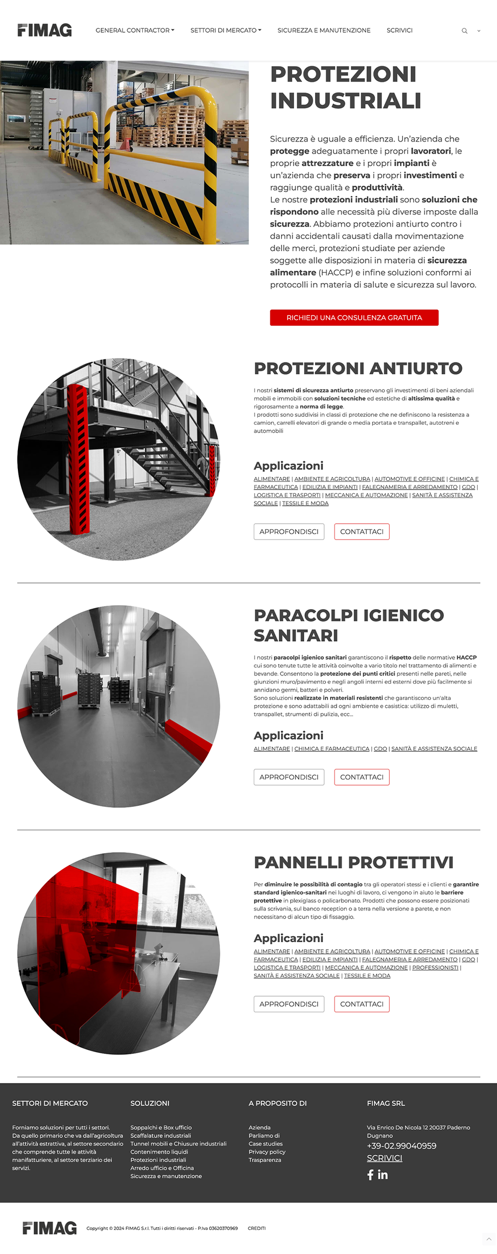 Vecchio layout pagina protezioni antiurto del sito FIMAG, con impaginazione rigida e poco leggibile