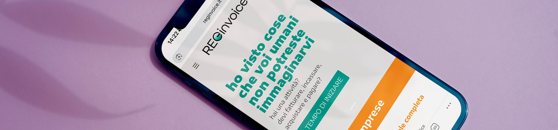 Schermata mobile del sito Reginvoice con claim ironico e call to action, su sfondo lilla