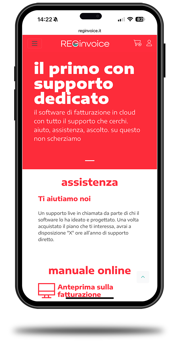 Pagina di supporto del sito Reginvoice su smartphone, con evidenza del servizio clienti dedicato e accesso al manuale online