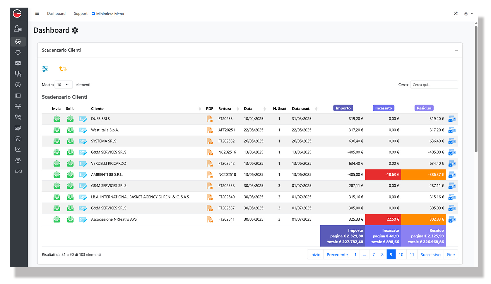 Schermata desktop del gestionale Reginvoice con visualizzazione completa dello scadenzario clienti