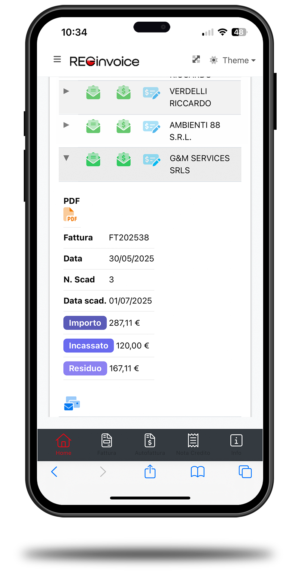 Interfaccia mobile del gestionale Reginvoice con dettaglio fattura, importi e scadenze visibili da smartphone