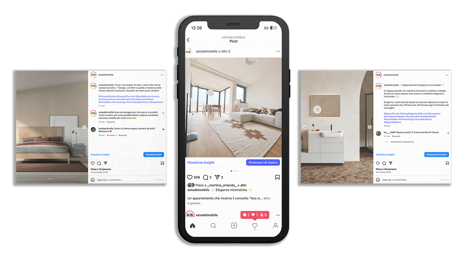 Esempi di contenuti social per Asta del Mobile con ambientazioni e arredi