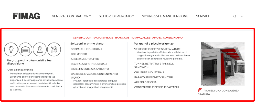 Screenshot del mega menu del vecchio sito FIMAG, struttura di navigazione obsoleta e non ottimizzata per l’utente